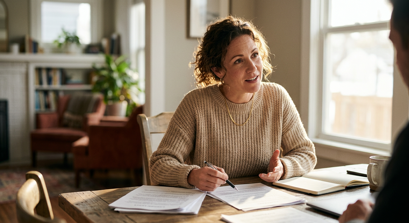 Homeowner reviewing a cash offer on a kitchen table