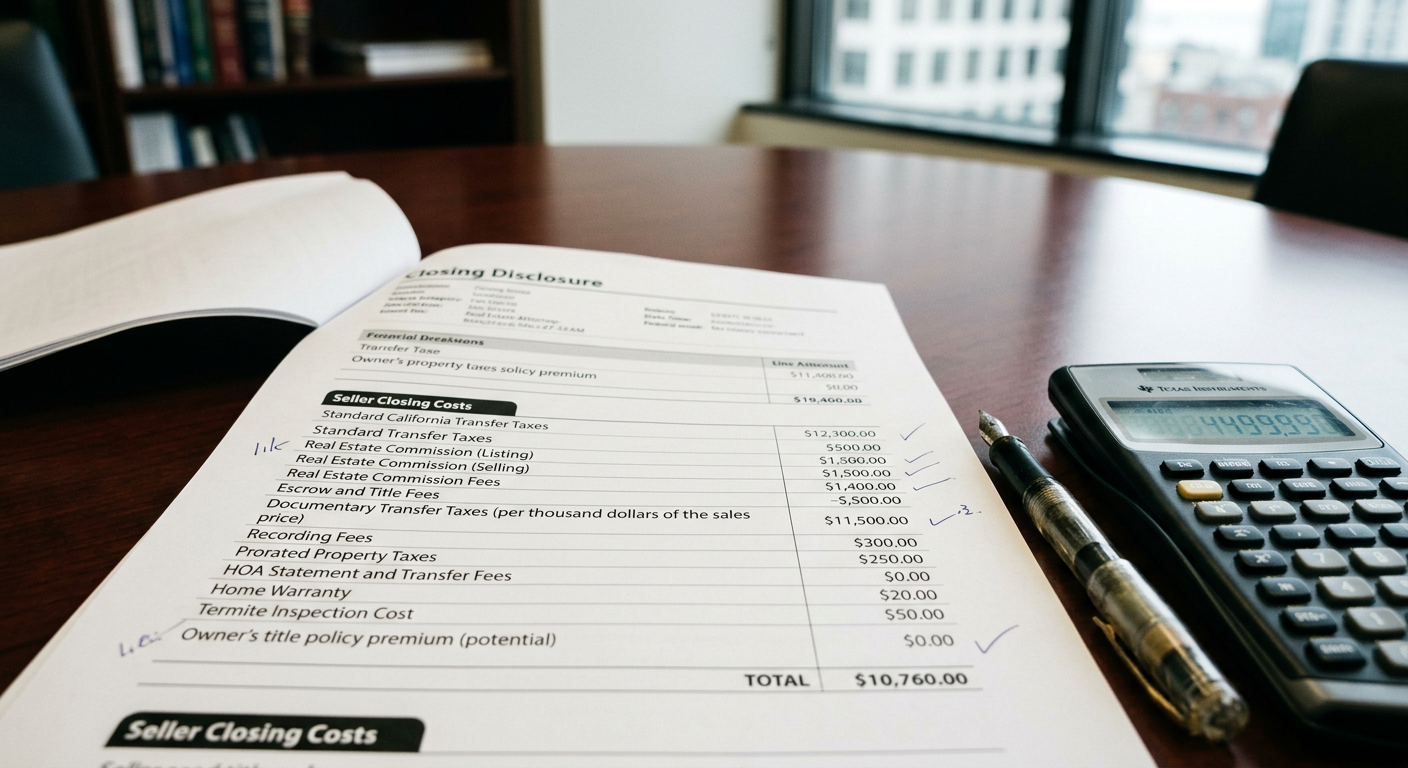 Real estate closing documents, pen, and calculator for seller closing costs