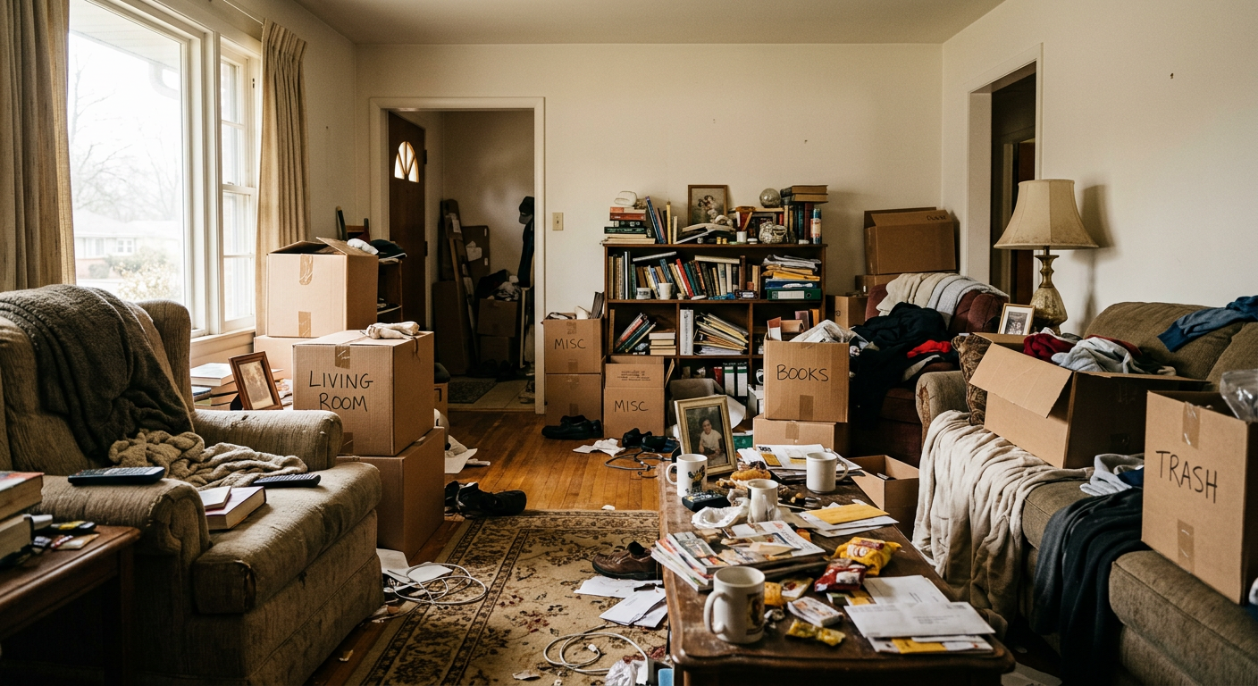 A house room filled with furniture and boxes needing cleanout before selling.