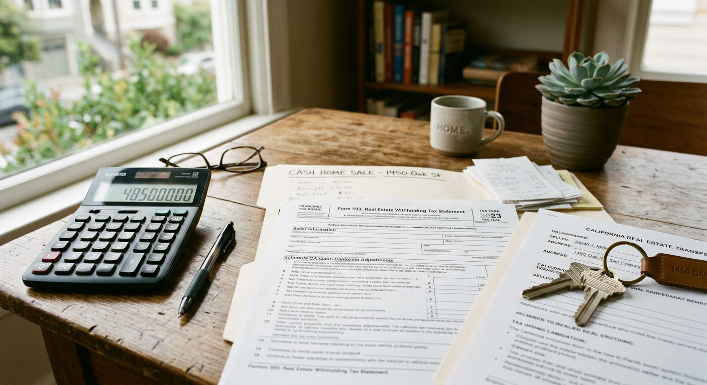 Tax documents and home keys sitting on a table representing home sale tax preparation