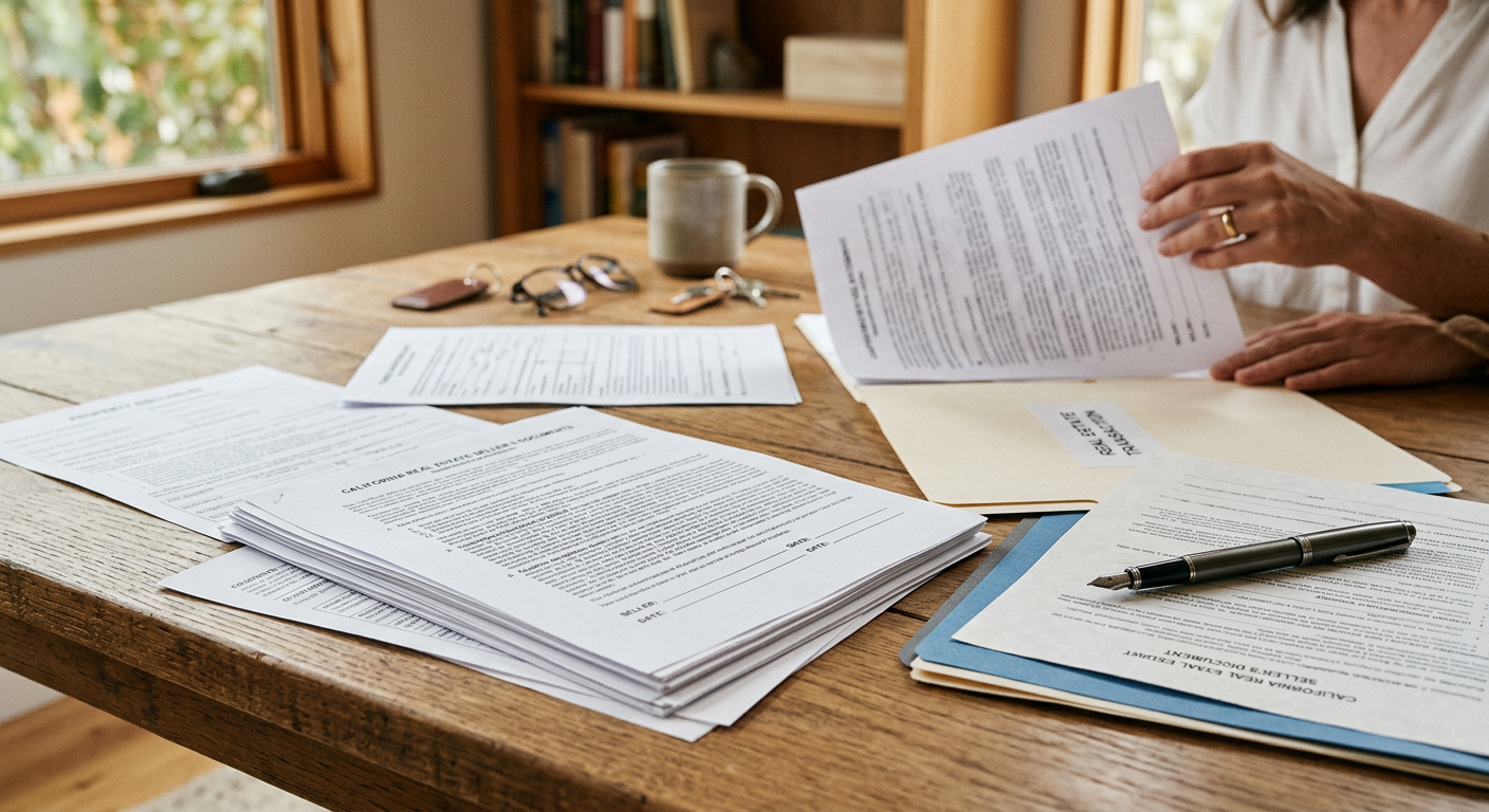 Homeowner reviewing real estate documents needed to sell a house in California