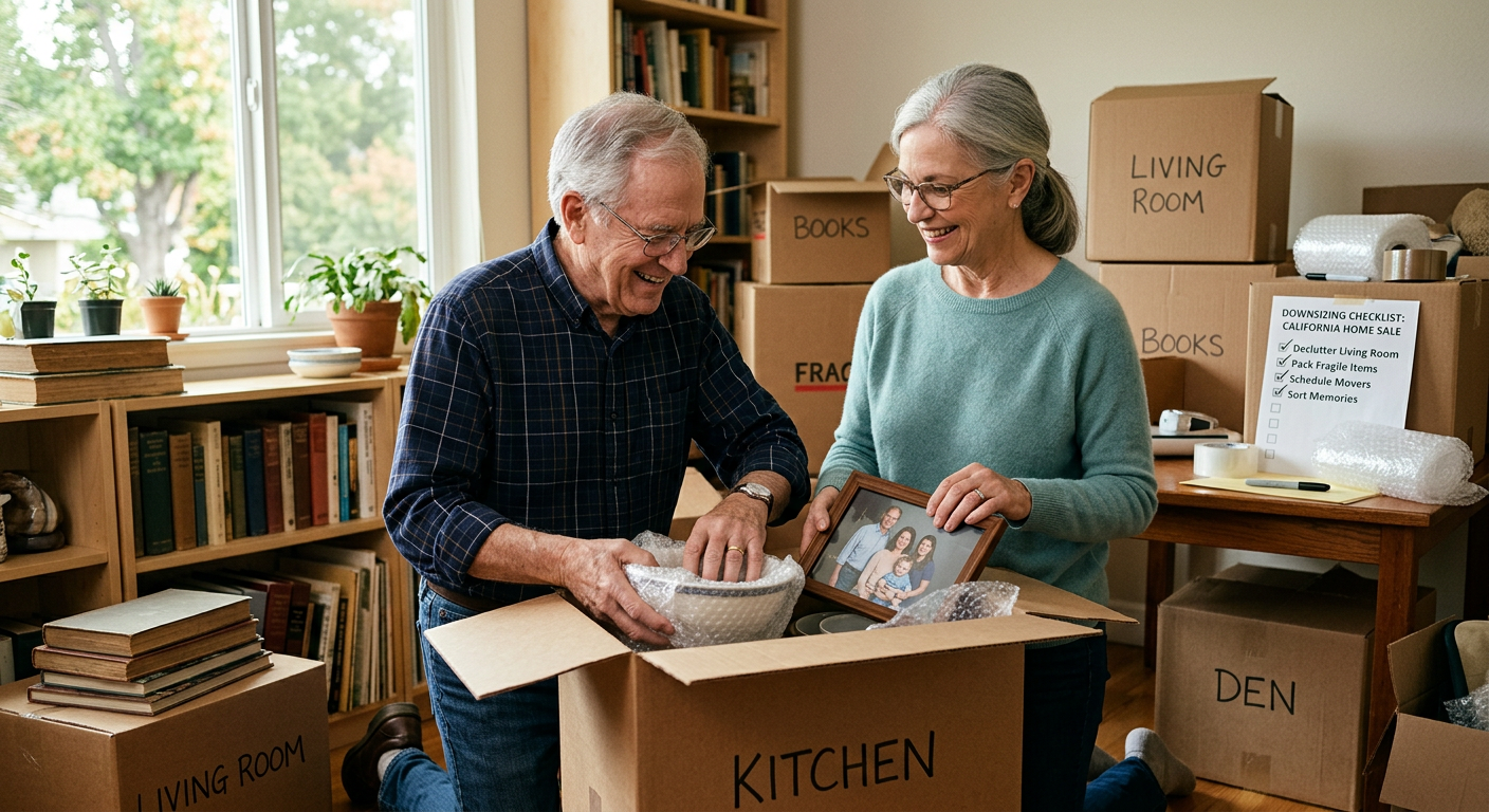 Senior couple packing boxes while preparing to downsize their home