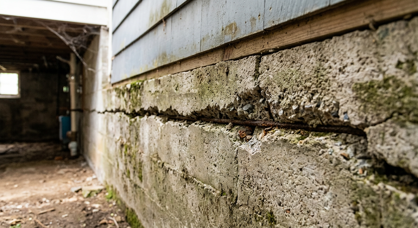 Close-up of major foundation crack on residential home slab