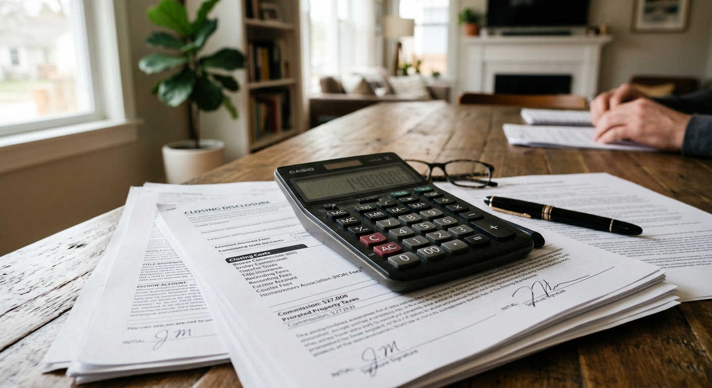 Calculator sitting on top of real estate seller paperwork highlighting financial fees.