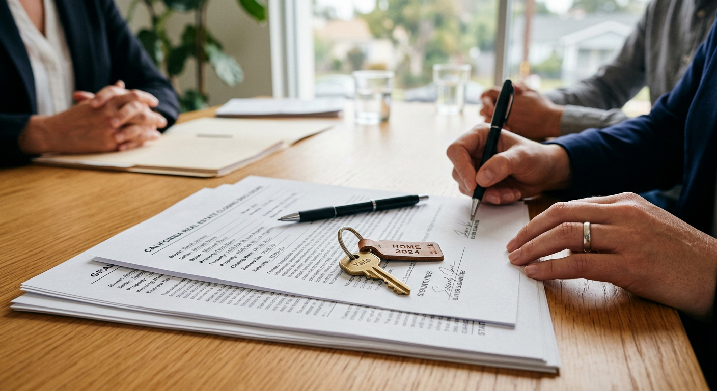 Real estate escrow documents and house keys ready for closing