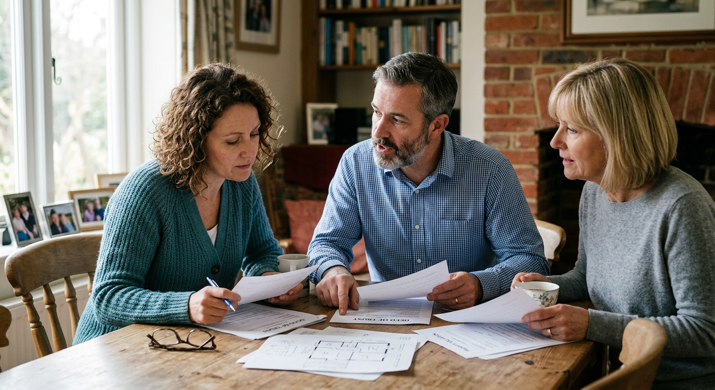 Siblings sitting around a table peacefully discussing paperwork for an inherited home sale