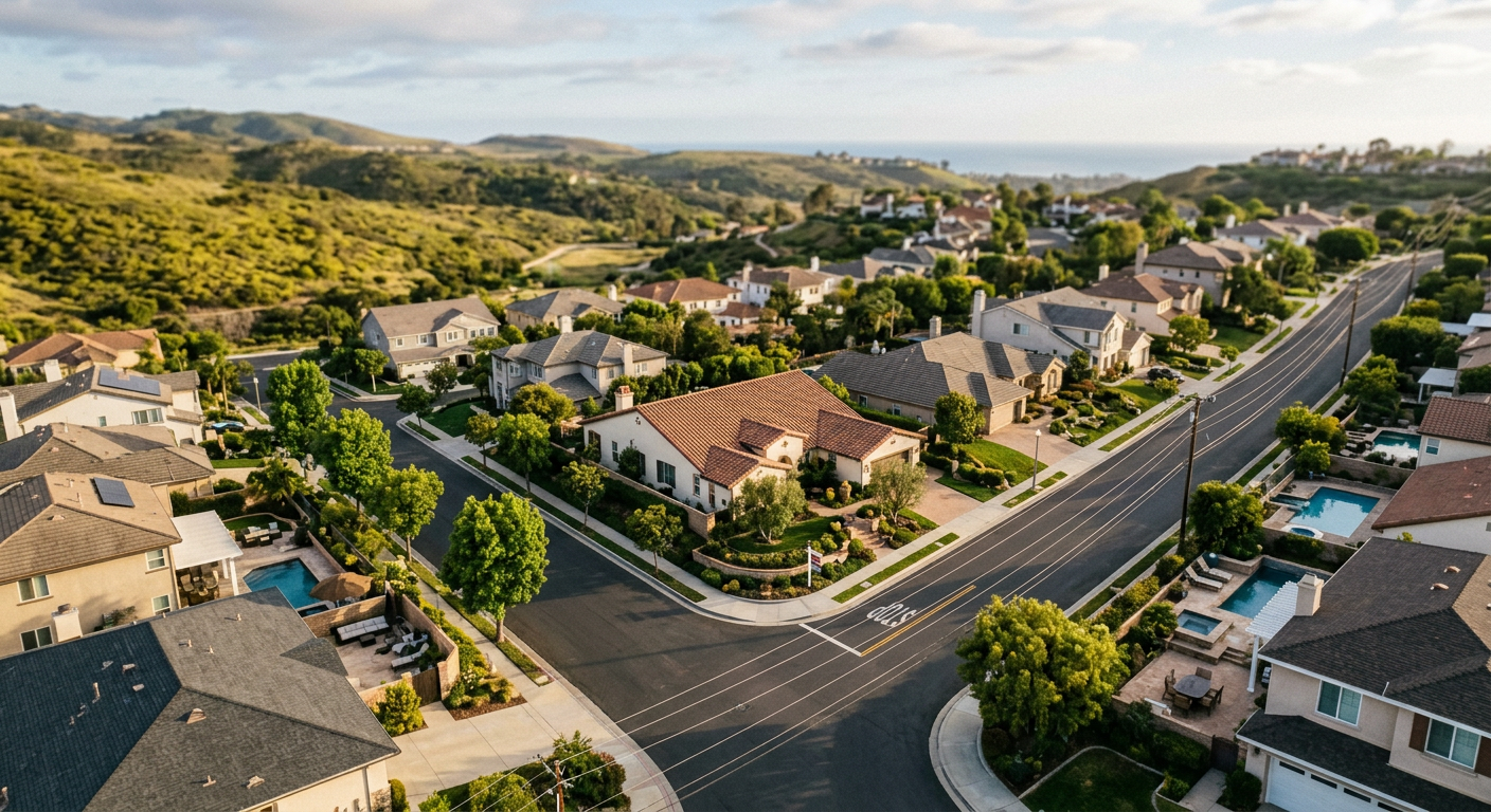 Aerial view of a suburban Ventura County neighborhood near the coast