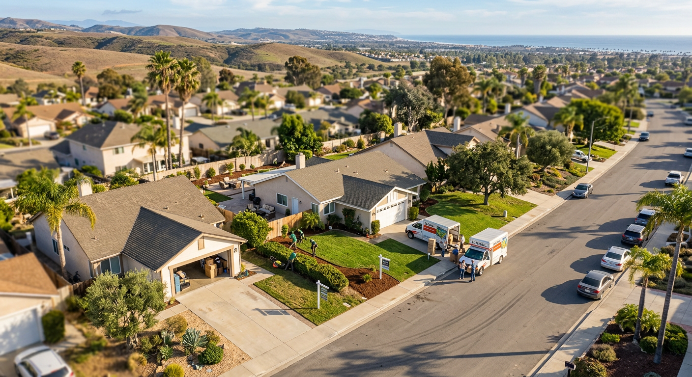 Aerial view of a quiet suburban neighborhood in Ventura County California