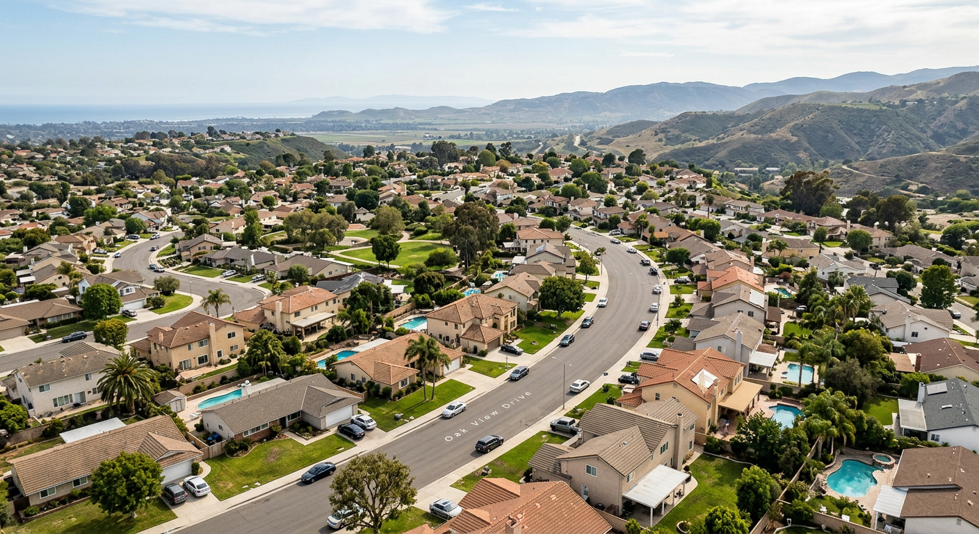 Aerial view of a sunny residential neighborhood in Ventura County California