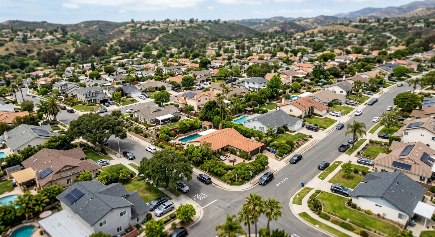 Aerial view of a quiet suburban neighborhood in Ventura County California