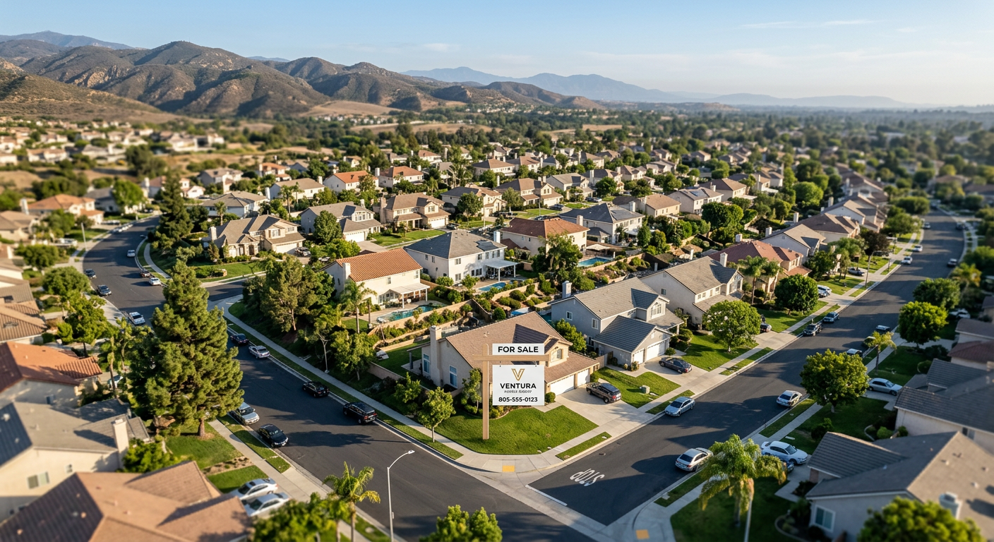 Aerial view of a quiet suburban neighborhood in Ventura County California