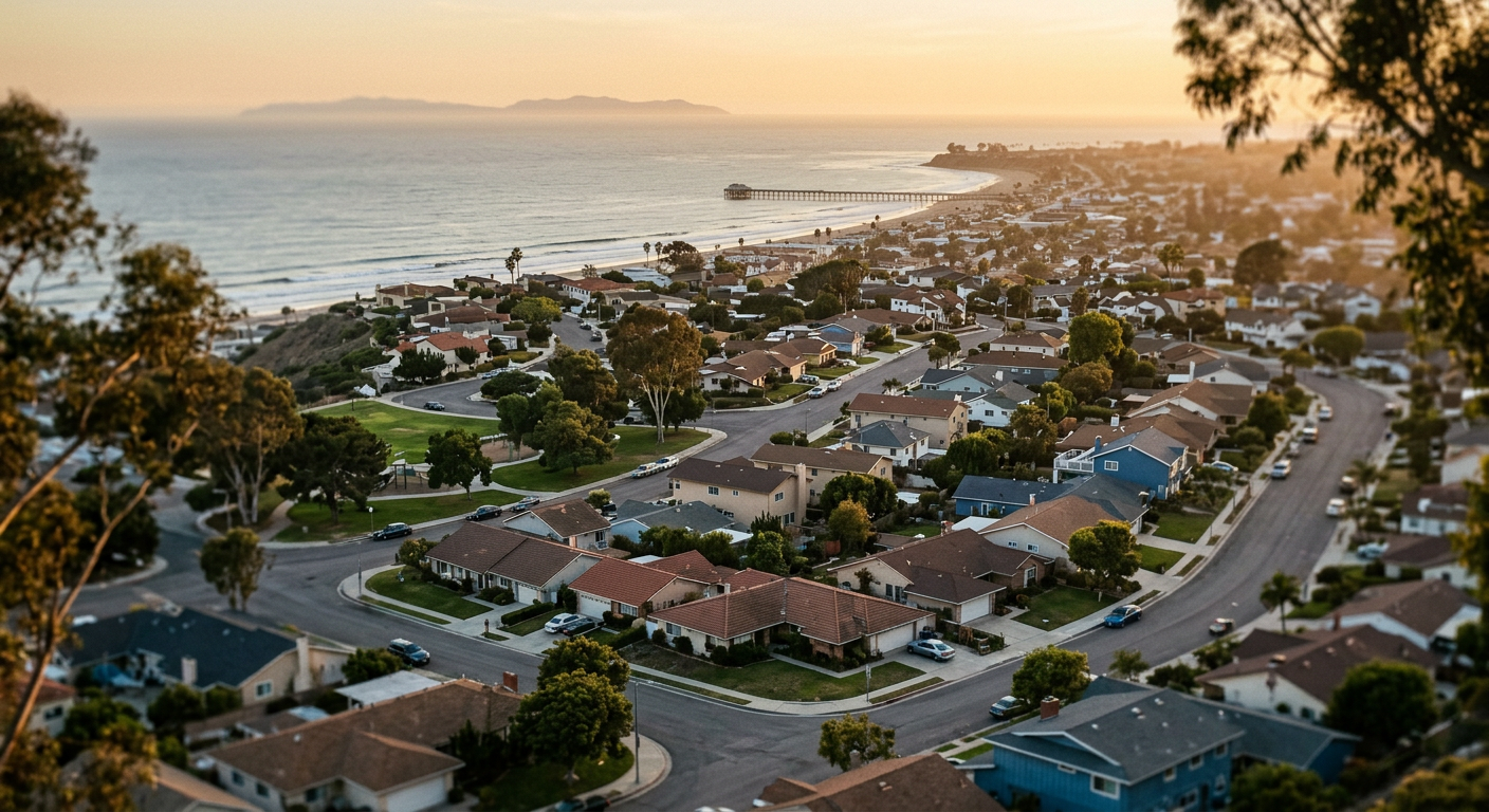 Aerial view of a sunny residential neighborhood in Ventura County California