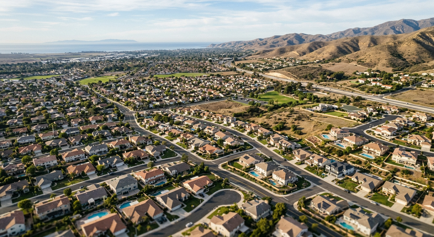 Aerial view of a residential neighborhood in Ventura County California