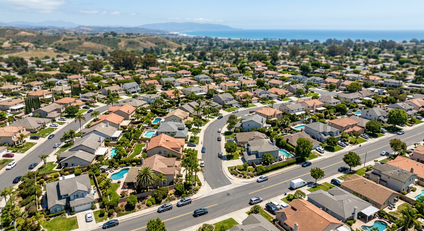 Aerial view of a suburban neighborhood in Ventura County California