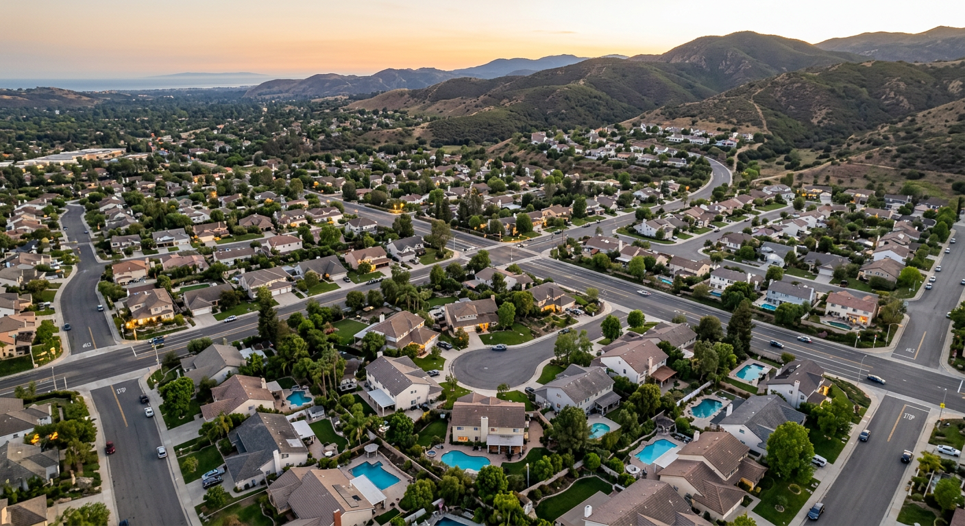 Aerial view of a sunny residential neighborhood in Ventura County California