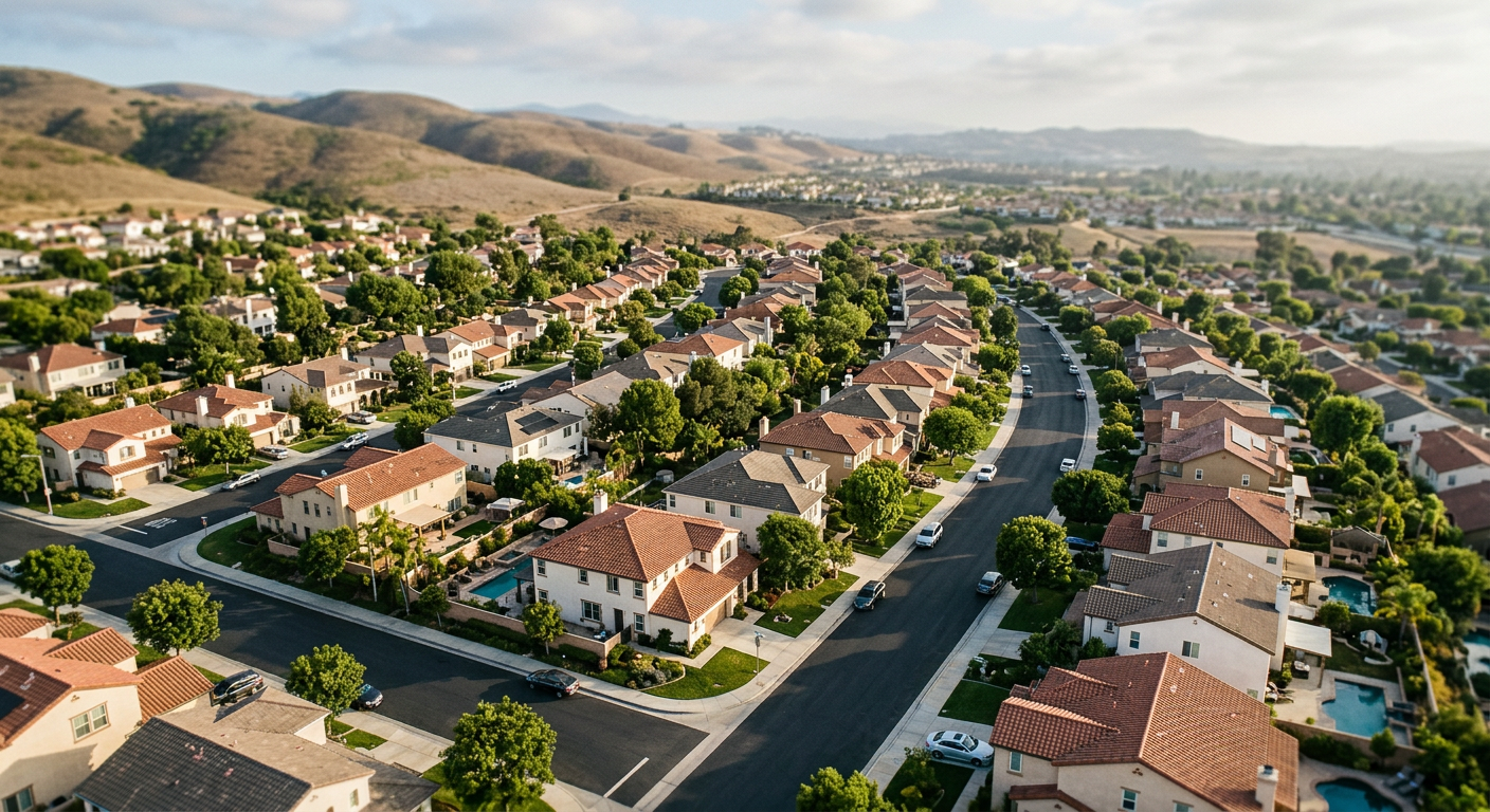 Aerial view of a quiet residential neighborhood in Ventura County California