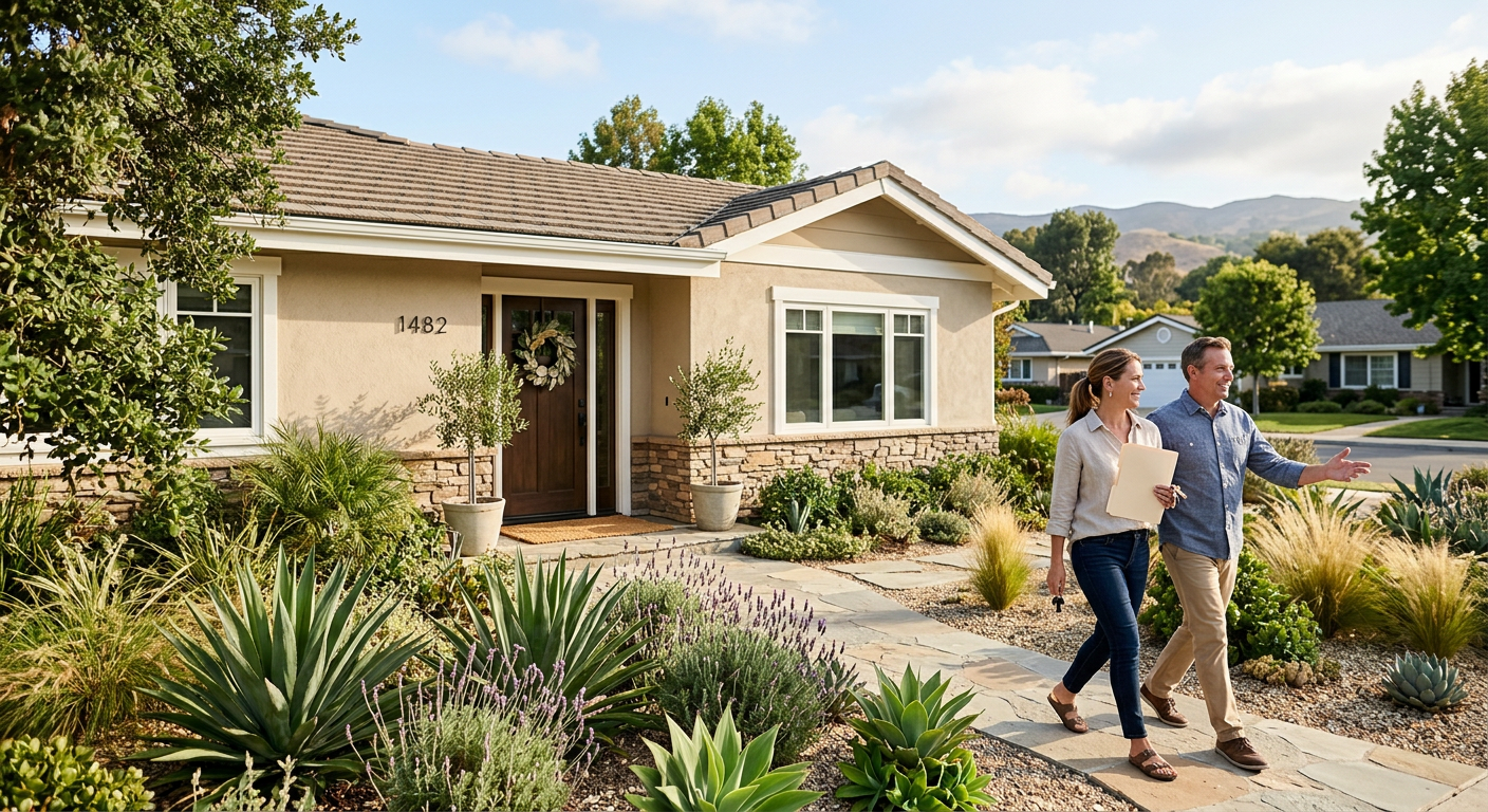 A sunny residential street and home exterior in Ventura County California
