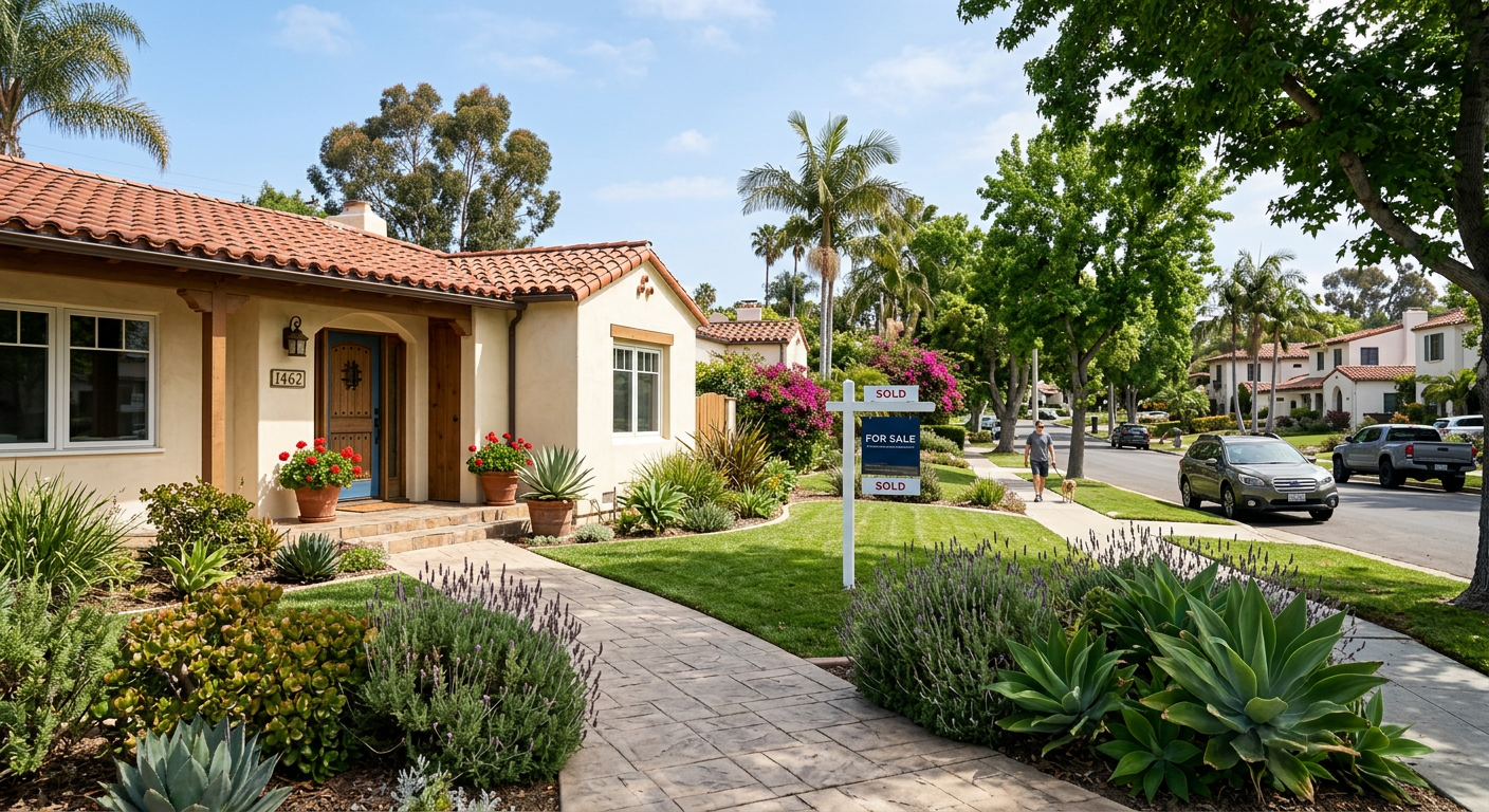 A sunny residential street with single-family homes in Ventura County California