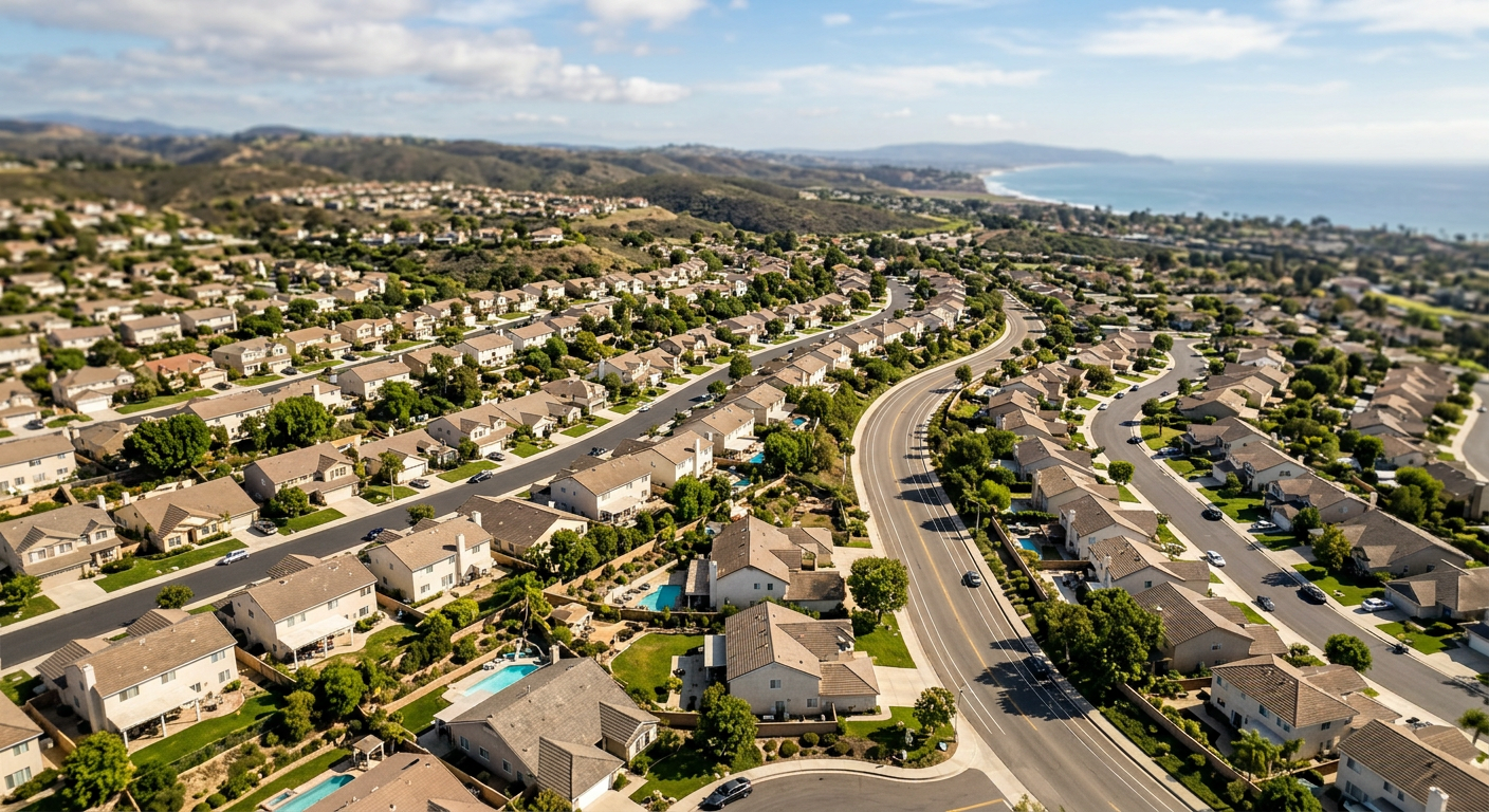Aerial view of a quiet suburban residential neighborhood in Ventura County California