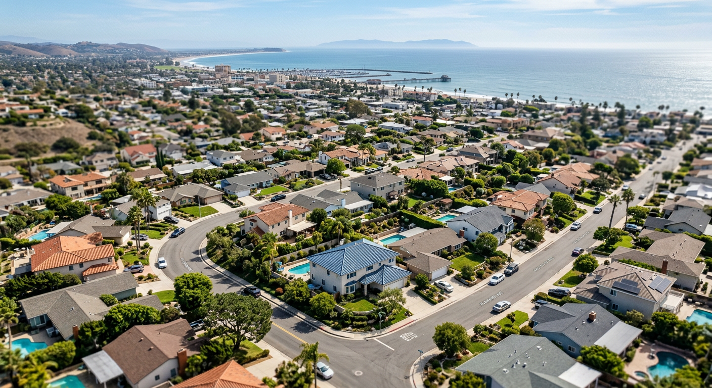 Aerial view of a sunny residential neighborhood in Ventura County California