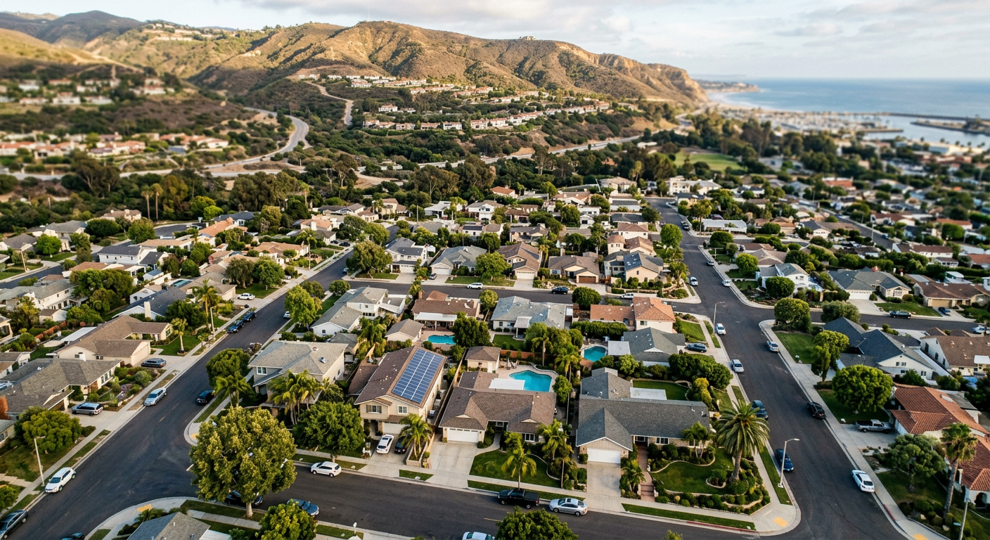 Aerial view of a sunny residential neighborhood in Ventura County California