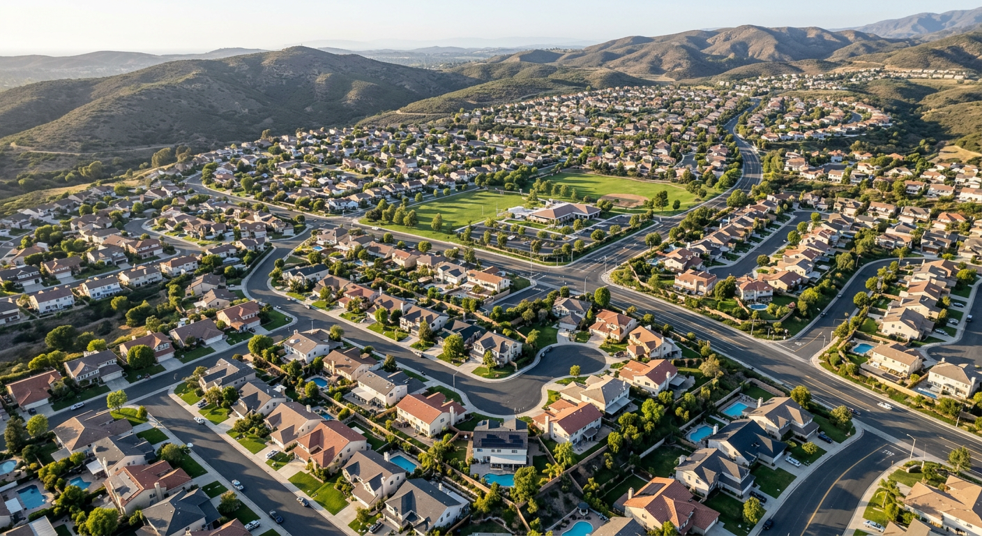 Aerial view of a sunny Ventura County neighborhood with single-family homes