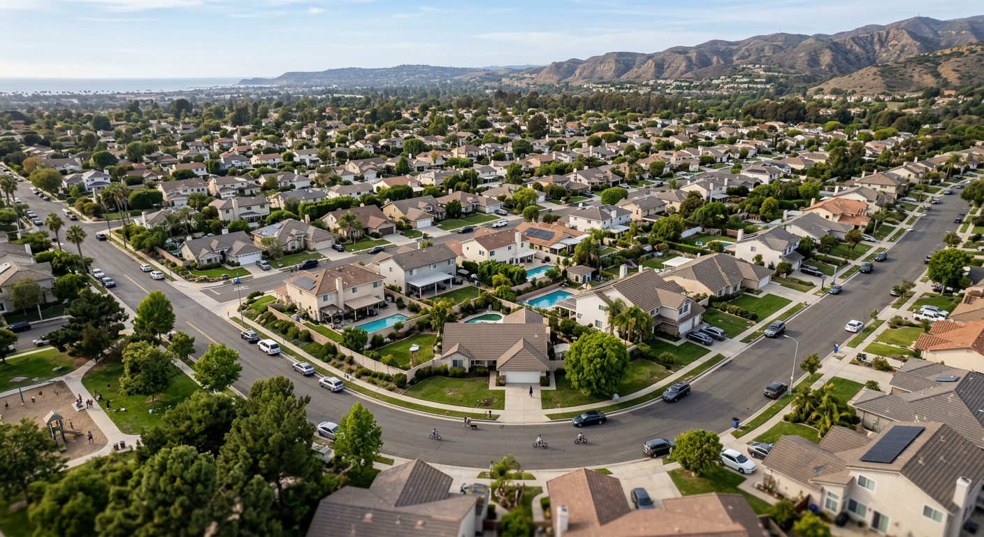 Aerial view of a quiet suburban neighborhood in Ventura County California