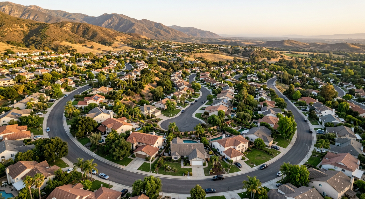 Aerial view of a quiet suburban residential neighborhood in Ventura County California