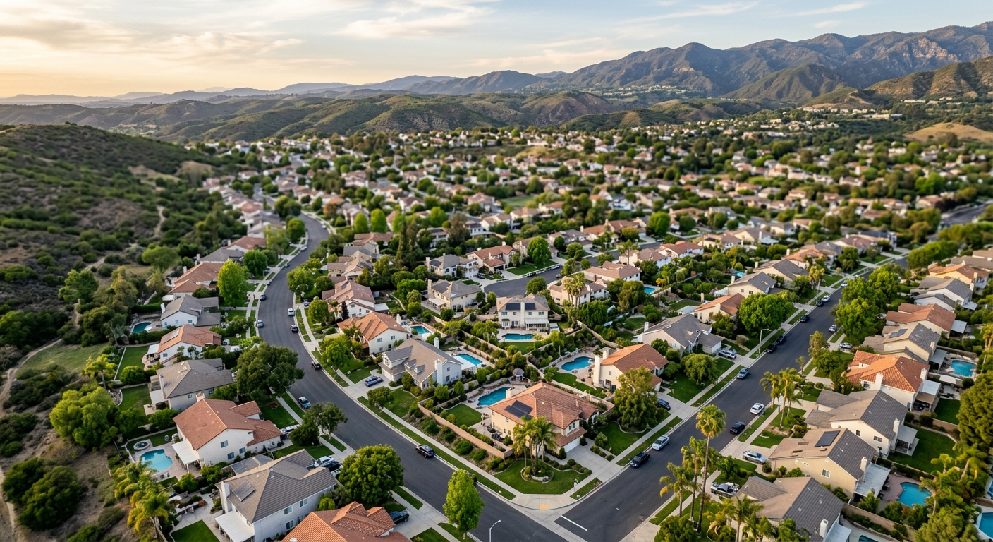Aerial view of a quiet residential neighborhood in Ventura County California