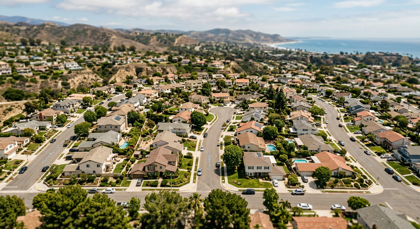 Aerial view of a quiet residential neighborhood in Ventura County California