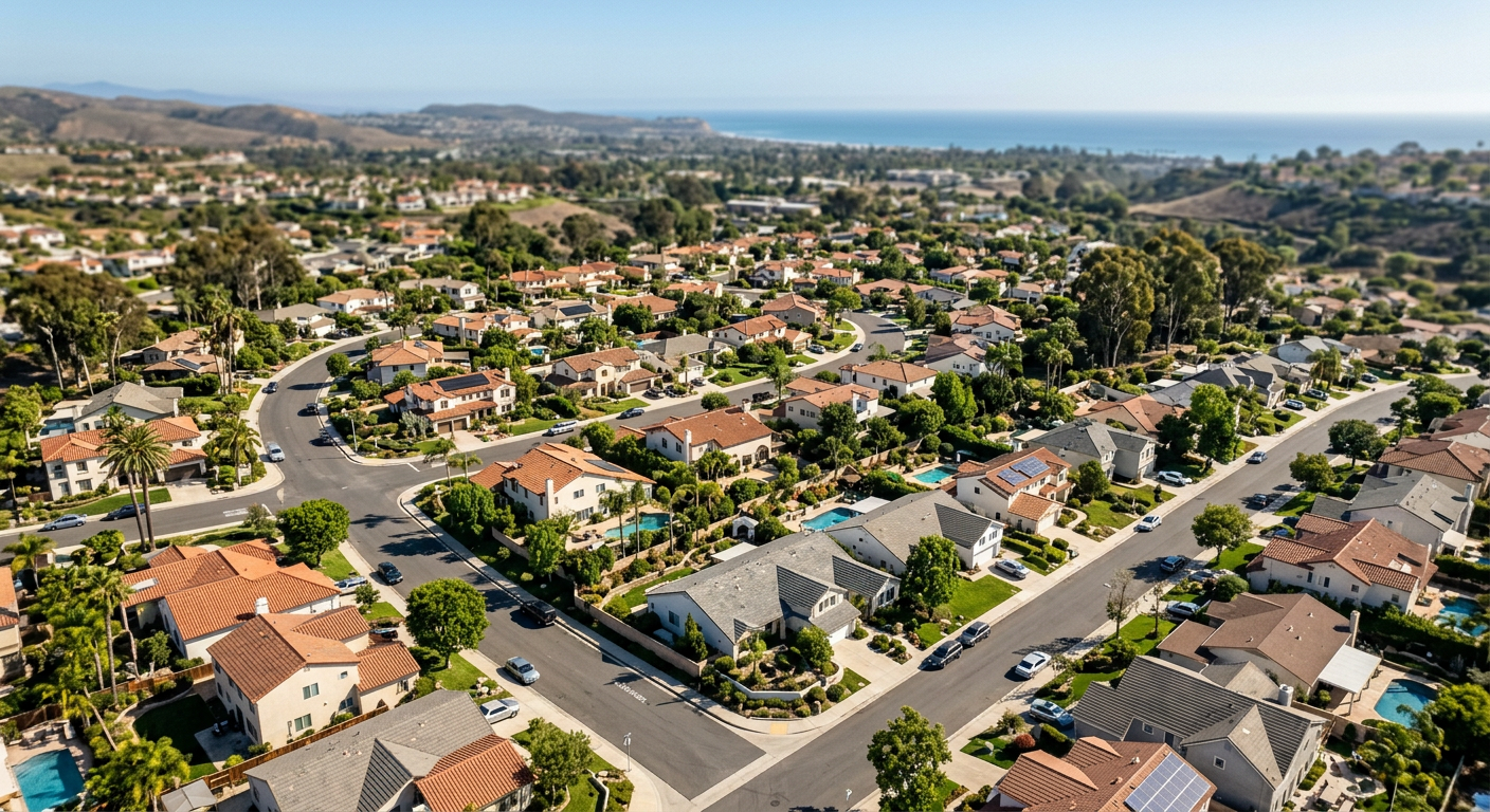 Aerial view of a suburban neighborhood in Ventura County California