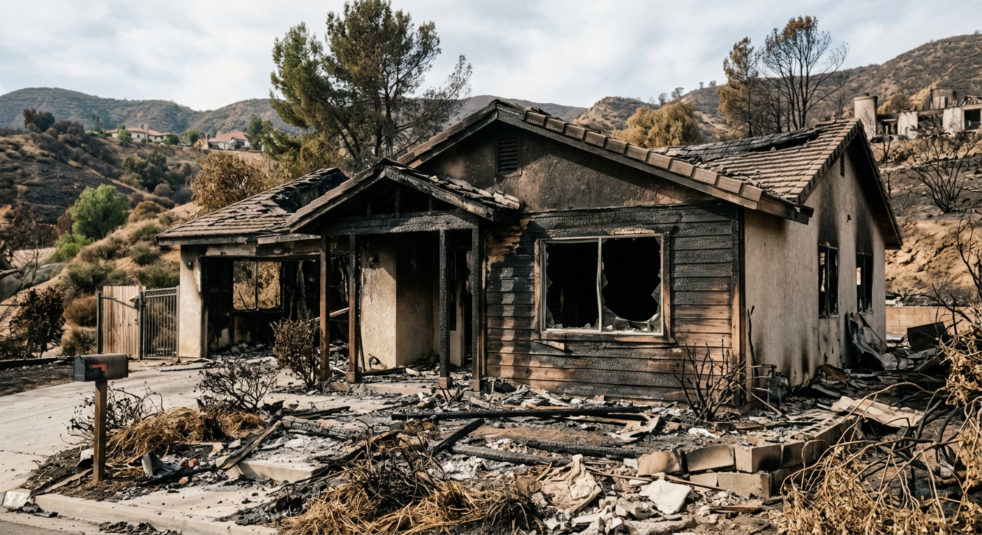 Exterior view of a home with minor fire damage in California ready for sale