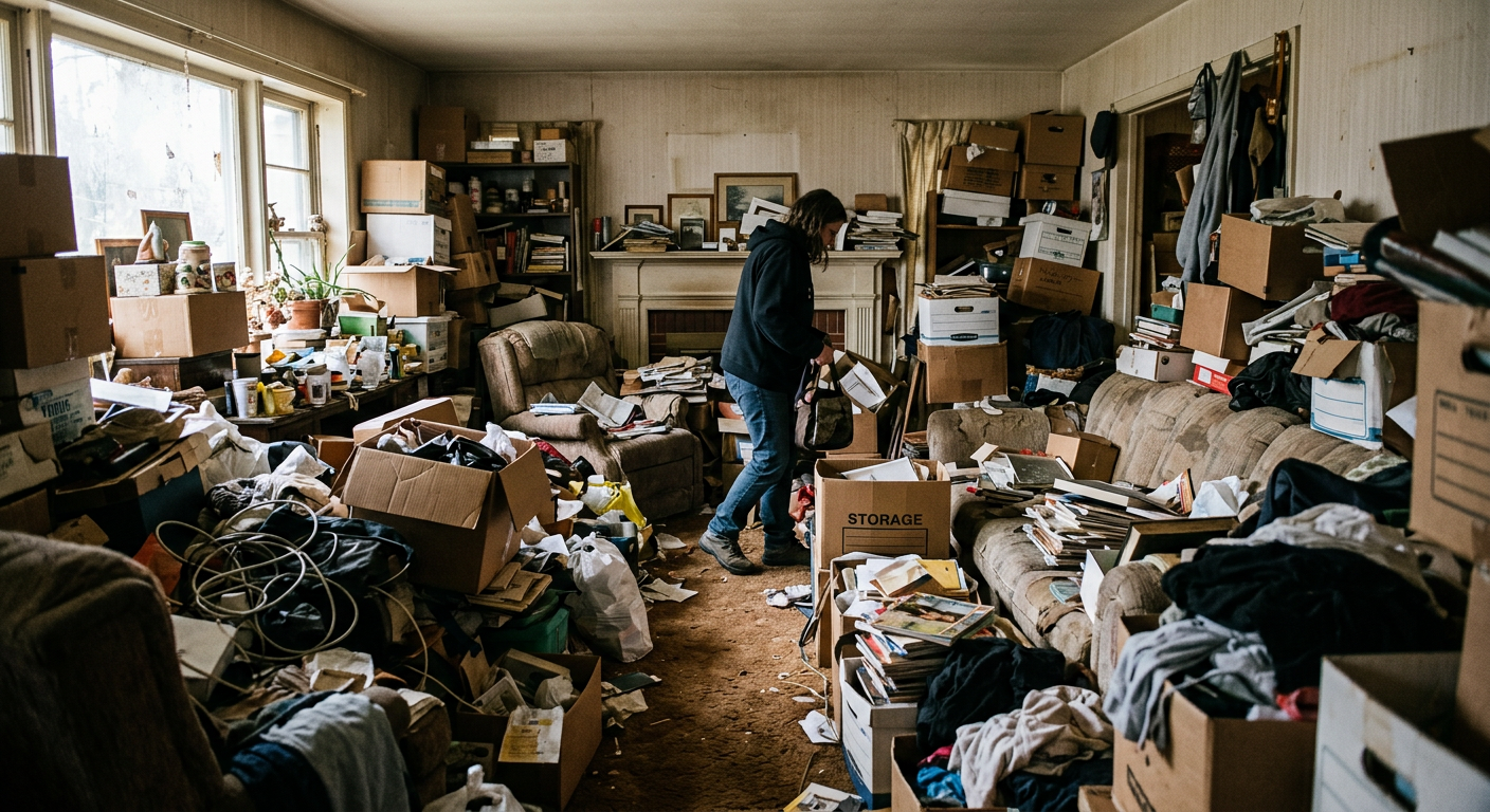 A heavily cluttered living room in a home that needs cleanup before selling as-is