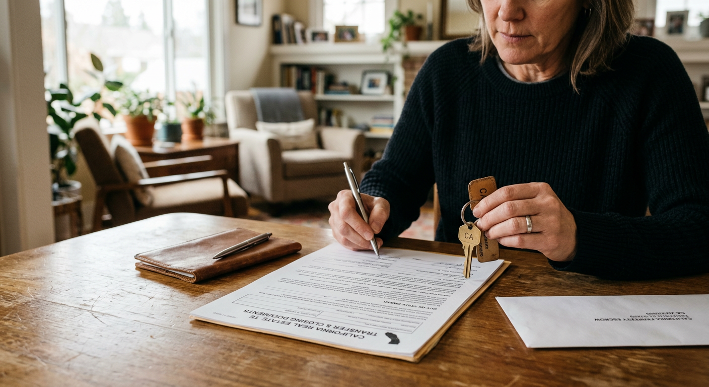 Remote homeowner signing property sale documents on laptop