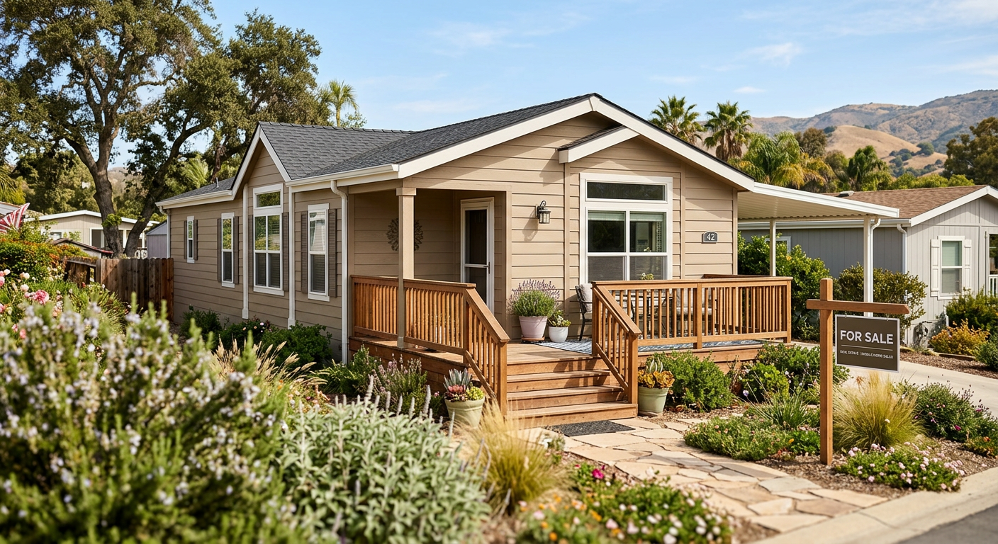 A well-maintained manufactured home exterior in a sunny California community.