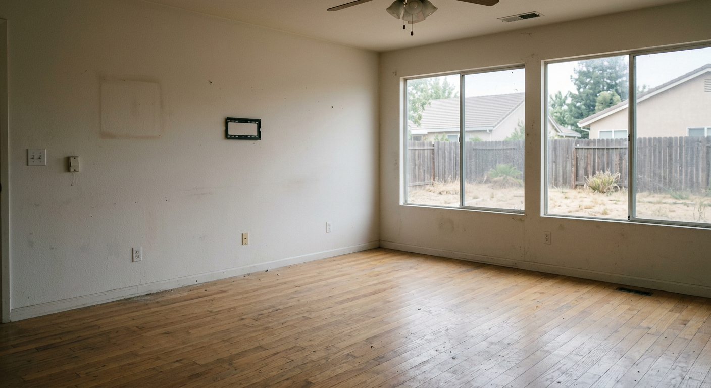 An empty residential living room showing potential risks of leaving a vacant property for sale.
