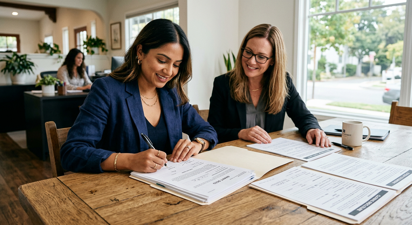 Homeowner reviewing legal closing documents with a title company officer