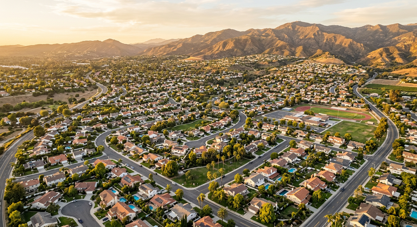 Aerial view of a sunny residential neighborhood in Ventura County California