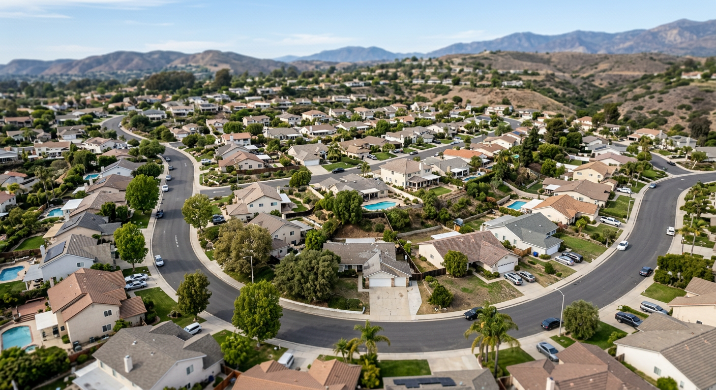 Overhead view of a residential neighborhood in Ventura County California