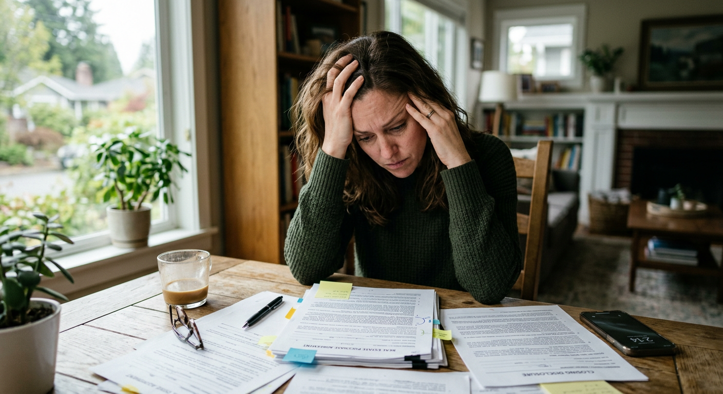Stressed homeowner sitting at kitchen table reviewing real estate documents after closing delay