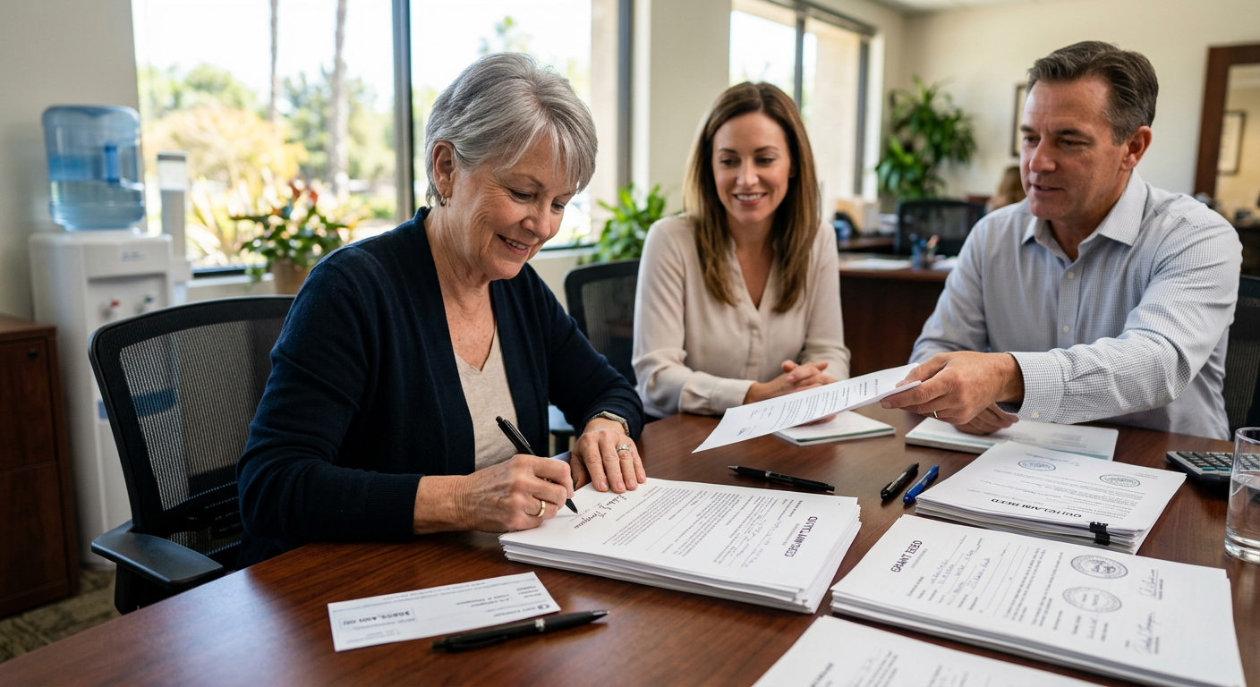 Homeowner signing house closing documents with notary