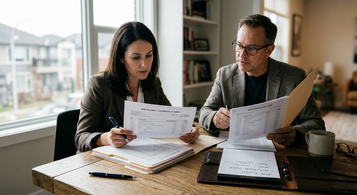 Homeowner reviewing a cash buyer proof of funds document and real estate contract