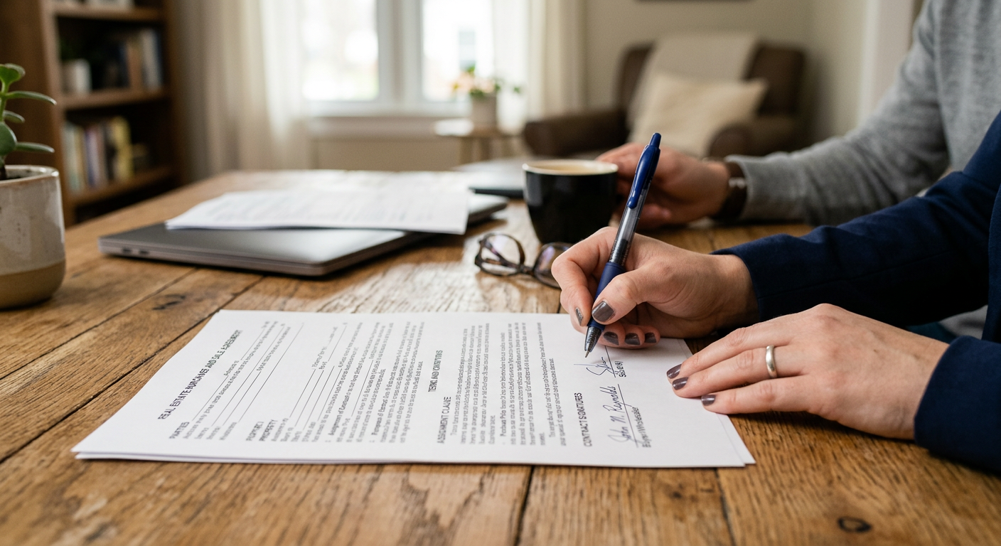Real estate purchase contract being signed showing assignment clause terms