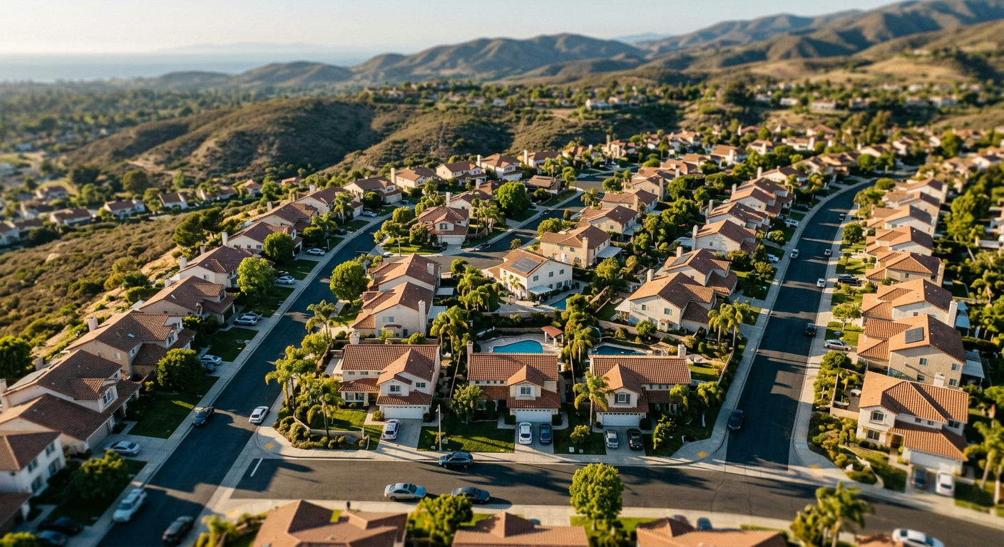 Aerial view of a suburban neighborhood in Ventura County California