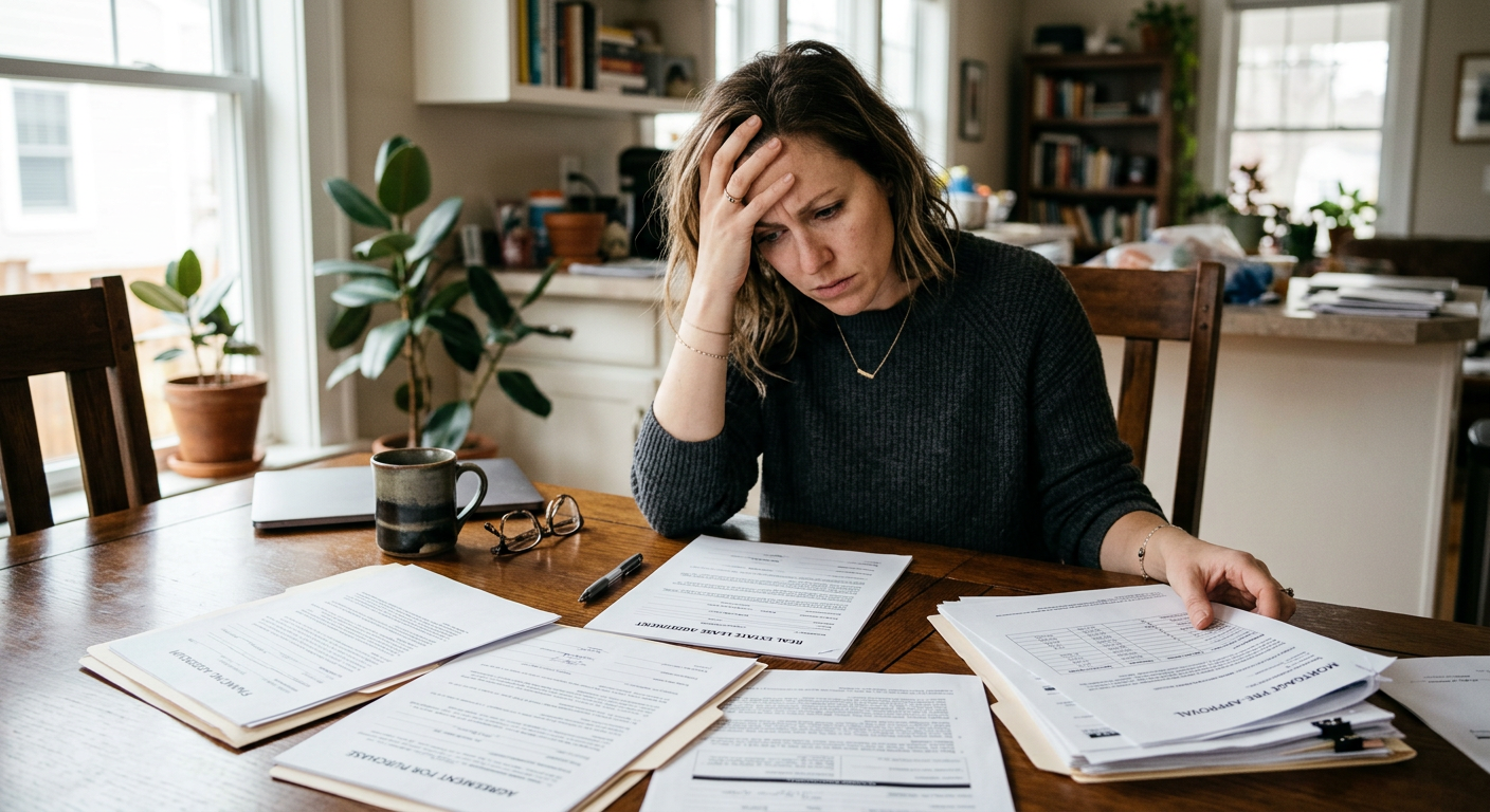 Stressed homeowner reviewing real estate documents after a failed escrow